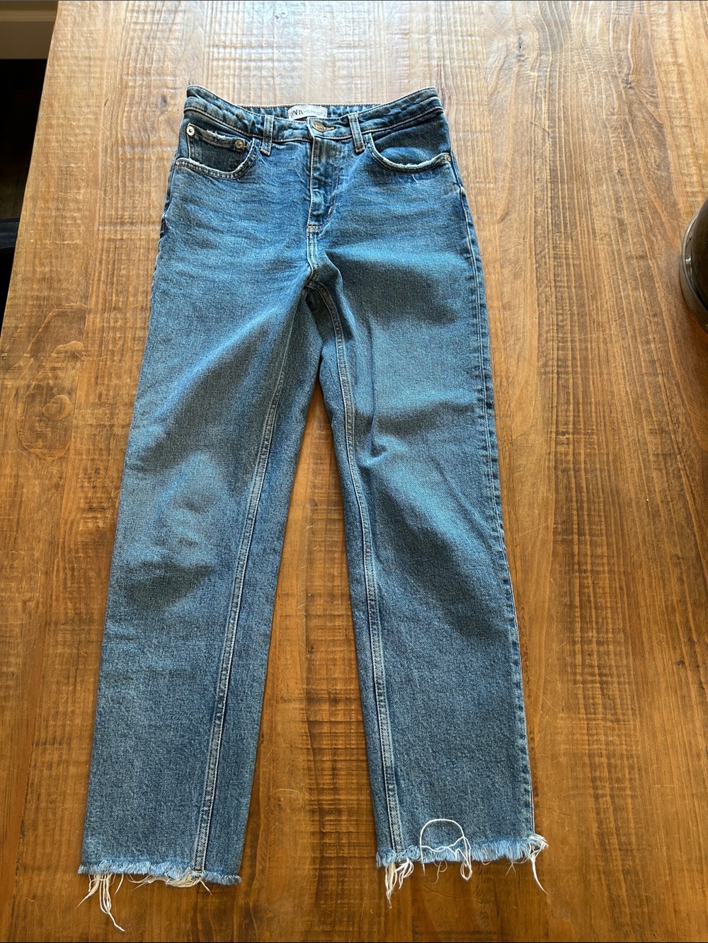 Zara Blue Straight-Leg Women's Jeans with Raw Hem